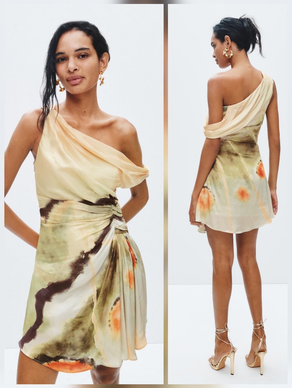 AMUR One-Shoulder Watercolor Tie-Dye Mini Dress in Cream, Olive & Orange
